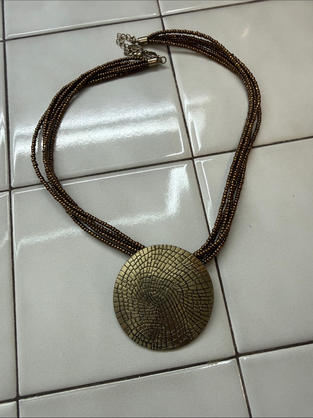 Bronze Mosaic Pendant Multi-Strand Beaded Necklace - Unbranded
